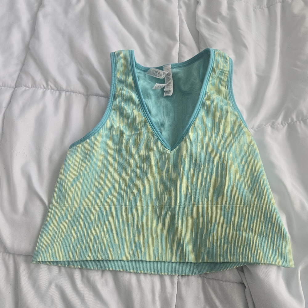 Athleta Crop Tank Aqua and Yellow Patterned Crop Top